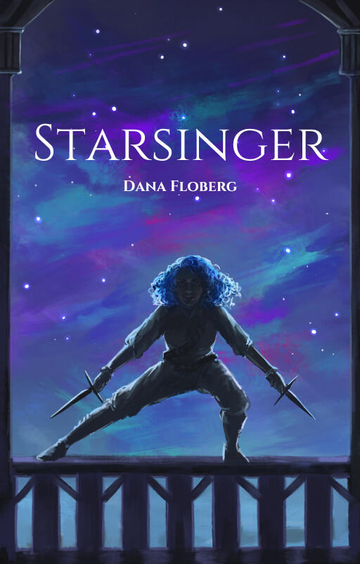 Cover art of Starsinger. Title and author superimposed over a painting of a blue-haired figure crouched on a balcony with two battle-ready daggers, silhouetted by the night sky.